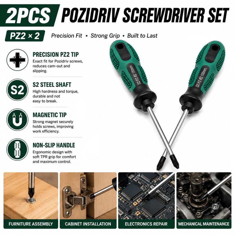 2PCS Pozidriv PZ2 Screwdrivers for Pozi Screw, S2 Steel, 100mm