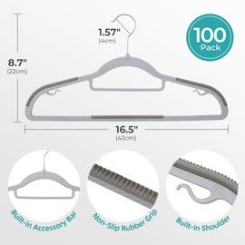 HOUSE DAY Plastic Hangers 100 Pack, Grey Clothes Hangers Non Slip with Rubber Grip, Heavy Duty Hanger with 360º Swivel Metal Hook, Ultra Thin Hanger Space Saving for Closet Organizer