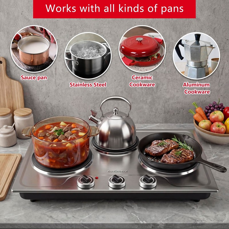 CUSIMAX Electric Hot Plate for Cooking,1800W Triple Burner Portable Electric