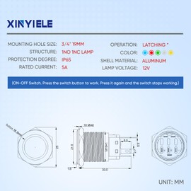 XINYIELE 19MM Latching 12V DC Push Button Switch On/Off,Waterproof with LED Light Power SPDT Button Switch for Marine,0.74" Hole with Wire Socket Plug Self-Locking(Ring White LED/Black Shell)