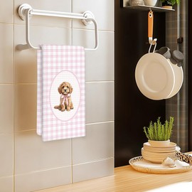 OINDADE Cockapoo Coquette Dog Kitchen Towels,CockapooGifts for Dog Lovers Women Hand Towels, Pink Preppy Bow Cockapoo Dish Tea Towel for Kitchen Decorative, Dogs Girl Nursery Bathroom Decor, 16x24In