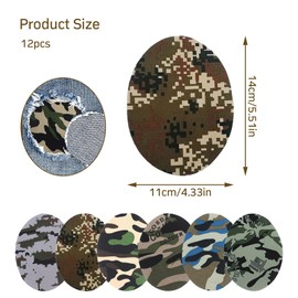 Pack of 12 Patch Stickers, Iron-On Patches, Camouflage Oval Shape Fabric Patches, for Repair, Sewing Pattern, Elbow, Knee, Iron on Appliques