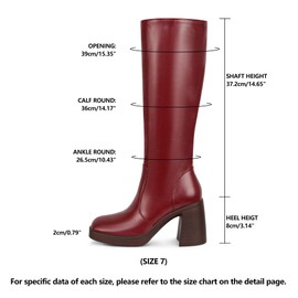 SOVANYOU Red Boots Leather Red Knee High Boots for Women Platform Tall Boots Square Toe Go-Go Boot Chunky High Heeled Boots