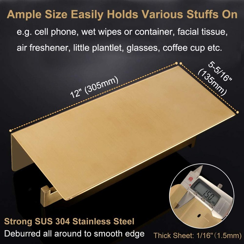 Double Toilet Paper Holder with Shelf Brushed Gold, APLusee SUS