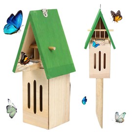 Seezengreen Wooden Butterfly House with Feeder – Outdoor Butterfly Habitat for Garden, Includes Ground Stake & Hanging Hook, Natural Garden Decor