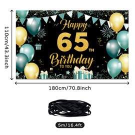 Koliphy 65th Birthday Banner, 65th Birthday Decoration for Man Woman, Happy Birthday Banner Fabric Decoration Birthday Banner Background Party Decoration Indoor and Outdoor (Green Gold)