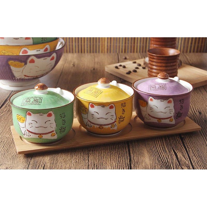 Ceramics Japanese Maneki Neko Lucky Cat Sugar Salt Pepper Storage