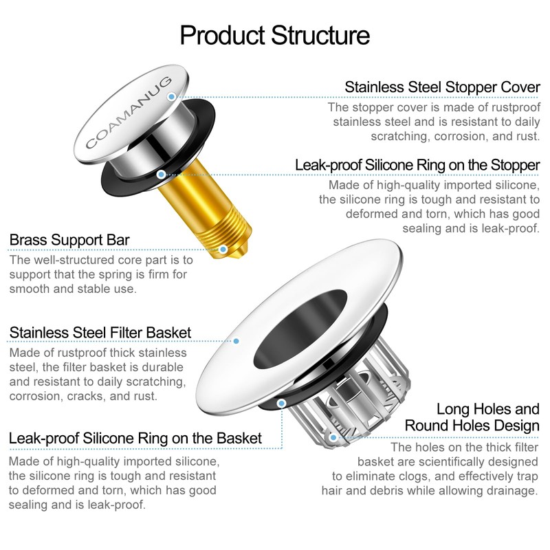 coamanug Bathtub Stopper | Shower Drain Hair Catcher, Pop-up Tub