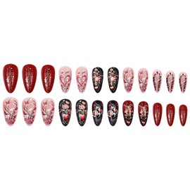 Valentines Press on Nails Pink Love Heart Acrylic Fake Nails Rose Flower Stick on Nails 24Pcs Glossy Red Curve Line Medium Almond False Nails Romantic Valentines Gel Glue on Nails for Women Girls