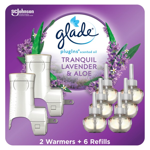 Glade PlugIns Refills Air Freshener Starter Kit, Scented and Essential Oils for Home and Bathroom, Tranquil Lavender & Aloe, 4.02 Fl Oz, 2 Warmers + 6 Refills