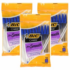 30 x Bic Cristal Xtra-Smooth Round Stic Ballpoint Pens - 35% Smoother Writing | 1.0mm Medium Point Nib for Bright, Colourful, Vivid Writing | Blue Colour Ink | Perfect for Home, School & Office
