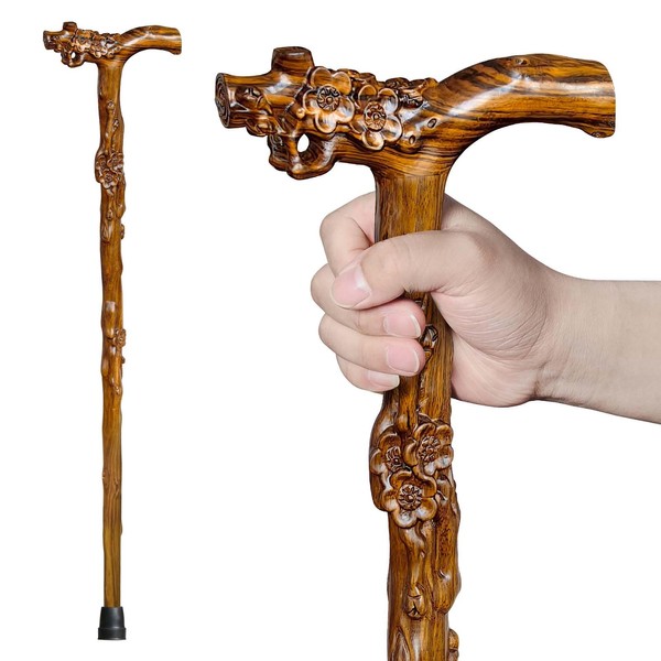 ispuoocti Wooden Walking Cane, Hand-Carved Wood Walking Cane for Men