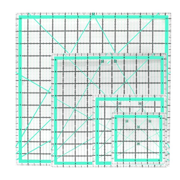 MANUFORE 4pcs Square Quilting Ruler (12.5”/ 9.5”/ 6”/ 4.5”) Sewing Acrylic Ruler Anti-slip Metric Ruler DIY Quilting Tools with Clear Printed Lines for Precise Cutting