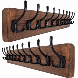 SKOLOO Rustic Wall Mounted Coat Rack, Case of 2, Pine Solid Wood Coat Hook Hanger - 10 Hooks for Hanging Clothes Robes Towels Coats