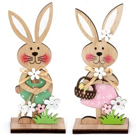 HFMYGS Pack of 2 Easter Decoration Wooden Rabbit, Easter Bunny Decoration Made of Wood for Standing, Decorative Stand for Easter, Easter Decoration Garden Easter Bunny Decoration Wood, Easter