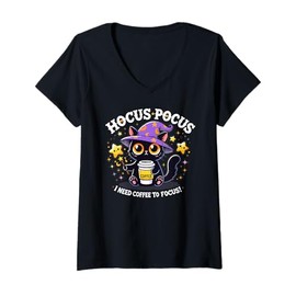 Womens Hocus Pocus I Need Coffee to Focus Funny Kitten V-Neck T-Shirt