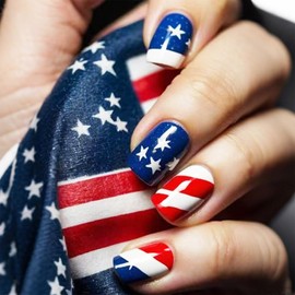 American Flag Fake Nails 4th of July Press on Nails 24Pcs Glossy Blue French Stick on Nail Short Square Acrylic Full Cover False Nail Fourth of July Gel Glue on Fingernails for Holiday Manicure Art