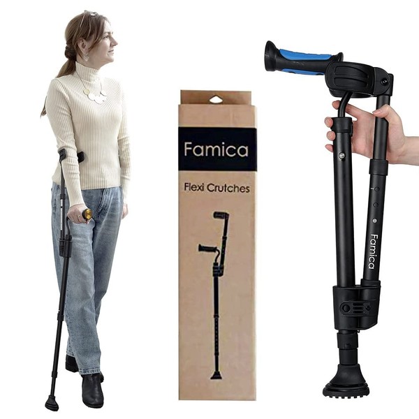 Famica Flexi Crutch for Adult (x1 Unit, Open Cuff) - Red Dot Design Award Winner, Portable Mobility Aid for Seniors, Post-Surgery, Injury Recovery, Adjustable Ergonomic Handles, Cuff, Height, Foldable, Lightweight and Non-slip Forearm Crutches