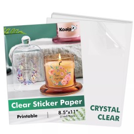 Koala Paper 18-54 Koala 100% Clear Sticker Paper for Inkjet + Laser Printers Glossy Vinyl - 100% Transparent Clear Sticker Paper, Waterproof, 18 Sheets