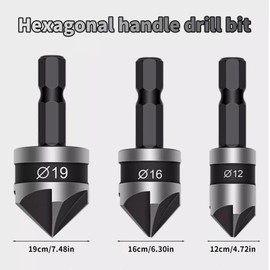 3 Pieces 1/4 Inch Hex Shank, Countersink Drill Bit Hex Shank, 12mm/16mm/19mm Countersink Drill Bit, 5 Flute 90 Degree Woodworking Countersink Bits for Woodworking (Grey)