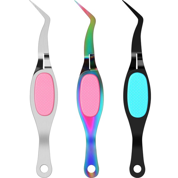 3 Pieces Crossing Locking Curved Craft Tweezers Pointed Tip Tweezers Stainless Steel Soft-Grip Tweezers Curved Fine Tip Tweezer for DIY Crafts (Rainbow and Pink, Silver and Pink, Black and Blue)