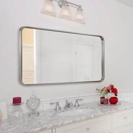 ANDY STAR Bathroom Mirror for Wall 24X40 Inch, Brushed Nickel Mirror for Vanity, Rounded Rectangle Mirror, Oblong Mirror, SUS304-Anti-Rust, Wall-Mounted Horizontal or Vertical