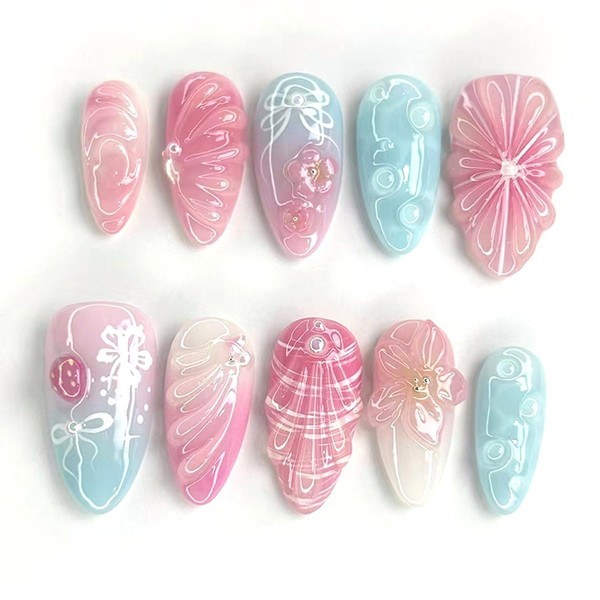 24Pcs Gradient Press On Nails Medium Almond Fake Nails 3D