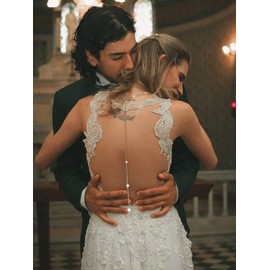 Wedding Backdrop Necklace for Bridal Dainty Pearl Back Necklace Body Chain Jewelry for Prom (Backdrop Necklace)