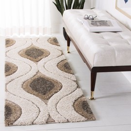 SAFAVIEH Florida Shag Collection Runner Rug - 2'3" x 17', Cream & Smoke, Modern Ogee Design, Non-Shedding & Easy Care, 1.2-inch Thick Ideal for High Traffic Areas in Living Room, Bedroom (SG461-1179)