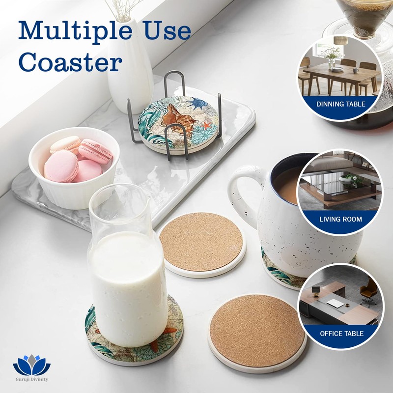 Coasters for Drinks, Round Absorbent Ceramic Stone Coasters with Cork