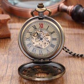 Tiong Bronze Vintage-Style Skeleton Design with an Antique Aesthetic Features A White Arabic Numeral Dial, Suitable for Men's Mechanical Pocket Watches