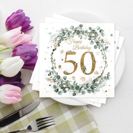 50 Geburtstag Servietten Eukalyptus Grün-60 Stück Happy Birthday Servietten,deko 50 Geburtstag Mann Frau,Geburtstagsdeko,Tischdeko Geburtstage,Salbeigrün Grüne Mintgrün,Papierserviette Einweg Napkins