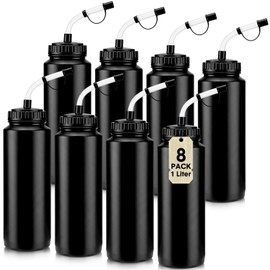 Skybooly 8 Pack Hockey Water Bottles 1 Liter Easy Squeeze Plastic 34 oz Sports Water Bottles with Long Straws for Hockey, Lacrosse, Football, Soccer, Baseball, Gym Sports Helmets (Black)