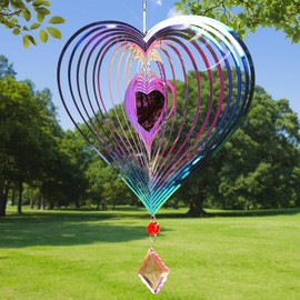 16.5in Heart Wind Spinners Outdoor, Colorful 3D Metal Wind Spinners for Yard and Garden with Crystal Pendant Stainless Steel Wind Chimes for Outside Yard and Garden Decor Gifts for Mom Grandmother