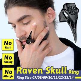 Men's Black Vegvisir Pinky Rings Stainless Steel Punk Raven Skull Finger Ring Charms for Female