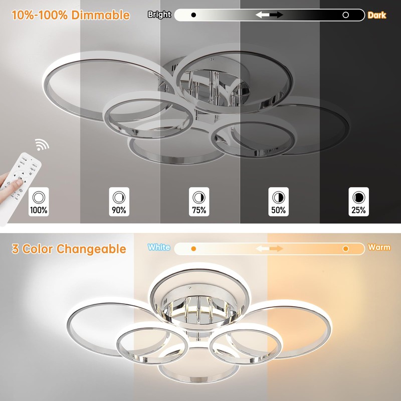 Sovinzert Modern Ceiling Lights, 6 Rings Dimmable Chrome LED Ceiling