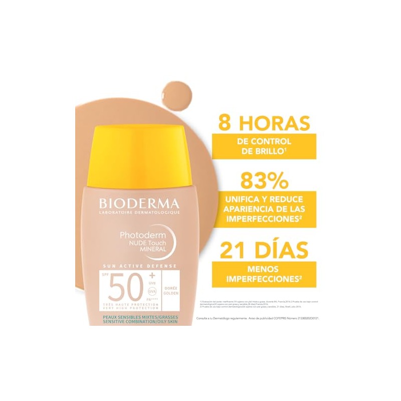 BIODERMA, Protector Solar, Photoderm NUDE Touch Mineral Tono Dorado, FPS50+,