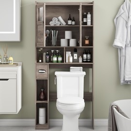 Vabches Over The Toilet Storage Cabinet, Bathroom Shelf Over Toilet with Glass Doors and Adjustable Shelves, Grey Freestanding Home Space Save Toilet Rack, for Restroom, Bathroom, Laundry
