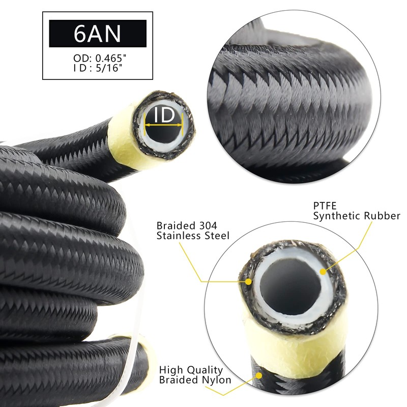 Medoon 6AN PTFE Fuel Line Kit, Nylon Stainless Steel Braided
