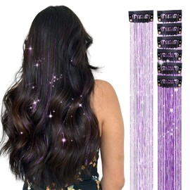 DOORES Tinsel Hair Extensions 6 Pcs 24 Inch, Hair Tinsel kit for Girls Purple Tinsel Hair Dazzle Hair Sparkle Strands Glitter for Hair Fairy Accessories for Women Girls Kids Festival Gift (Purple)