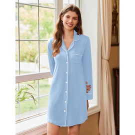 Ekouaer Nightgowns for Women Button Down Long Sleeve Sleepshirt Nursing Nightdress V Neck Pajama Dress Light Blue XXL