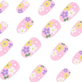 Press on Nails Short Oval Fake Nails with Colorful Flower Designs Spring Nails Press ons Light Pink Acrylic Nails Glossy Glue on Nails Summer False Nails Artificial Stick on Nails for Women 24Pcs