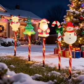 5 Pack Christmas Pathway Lights-Solar Powered Outdoor Garden Snowman Santa Claus Elk Christmas Tree Candy Cane Path Lights Landscape Lighting Waterproof Decorative Lights