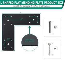 VoTwoofv Pergola Flat Brackets 10" x 10",L-Shape Straight Joining Brackets for 4 x 4 or 6 x 6 Lumber,Heavy Duty Mending Plate for Gazebo,Porch,Truss Framing,Log Cabins - 4Pack