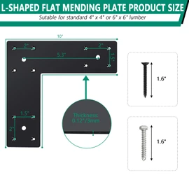 VoTwoofv Pergola Flat Brackets 10" x 10",L-Shape Straight Joining Brackets for 4 x 4 or 6 x 6 Lumber,Heavy Duty Mending Plate for Gazebo,Porch,Truss Framing,Log Cabins - 4Pack
