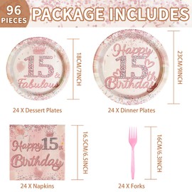 96 Pcs 15th Birthday Party Supplies 350 GSM Disposable Rose Gold 15 Year Old Birthday Plates Napkins Forks Tableware Set 15th Birthday Decorations for Girls Happy 15th Birthday Fabulous Party Serve 24