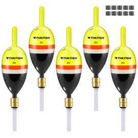 THKFISH Fishing Bobber, Wooden Slip Bobber for Fishing, Fishing Float with Bass Pendant for Crappie, Walleye, Salmon Fishing, 5 Pieces (Yellow/Black, 8.5 g - 5 Pieces)