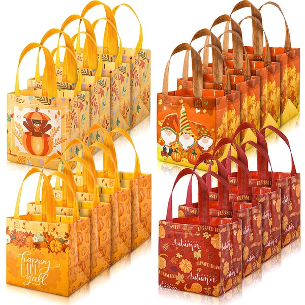 AnyDesign Fall Non-Woven Tote Bags Waterproof Pumpkin Turkey Gnome Party Bags with Handles Reusable Gift Bag Grocery Goodie Shopping Bag Treat Favor Bag for Autumn Thanksgiving Party Supplies, 16 Pack