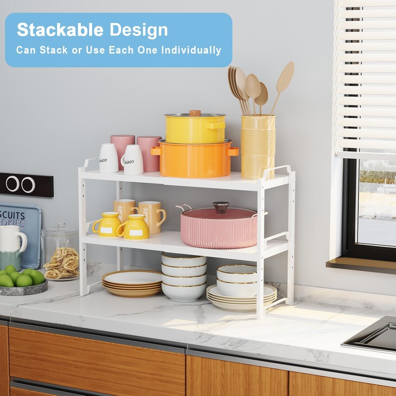 2 Pack Expandable Kitchen Cabinet Shelves Organizers, Stackable Adjustable Small