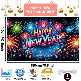 Froova Happy New Year Banner 2026 Colorful New Years Eve Decorations Banners Backdrop with Pattern Firework Star Cheers Banners for Home Yard Indoor Outdoor Wall Door Hanger Nye Party Supplies Decor